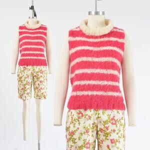 Vintage 60s Pink and Cream Striped Mohair Sweater Hand Knit Sleeveless Top S M